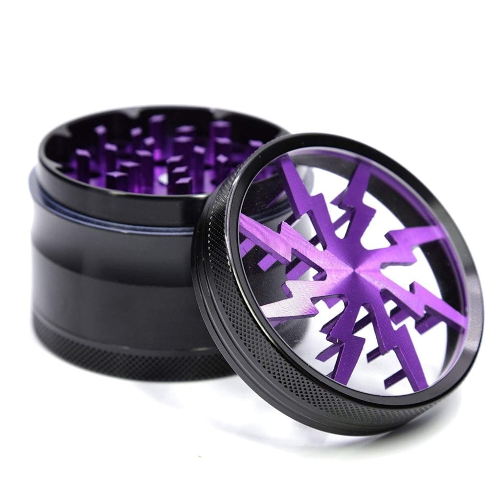 4 Piece Aluminum Lightning Pattern Clear Top Herb Grinder